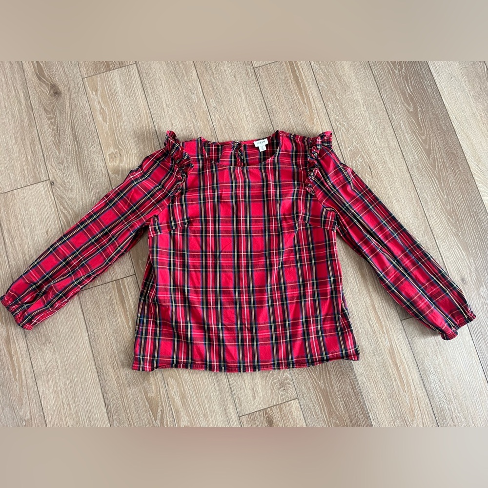 J. Crew Red Plaid Ruffle Women's Long Sleeve Top Size M